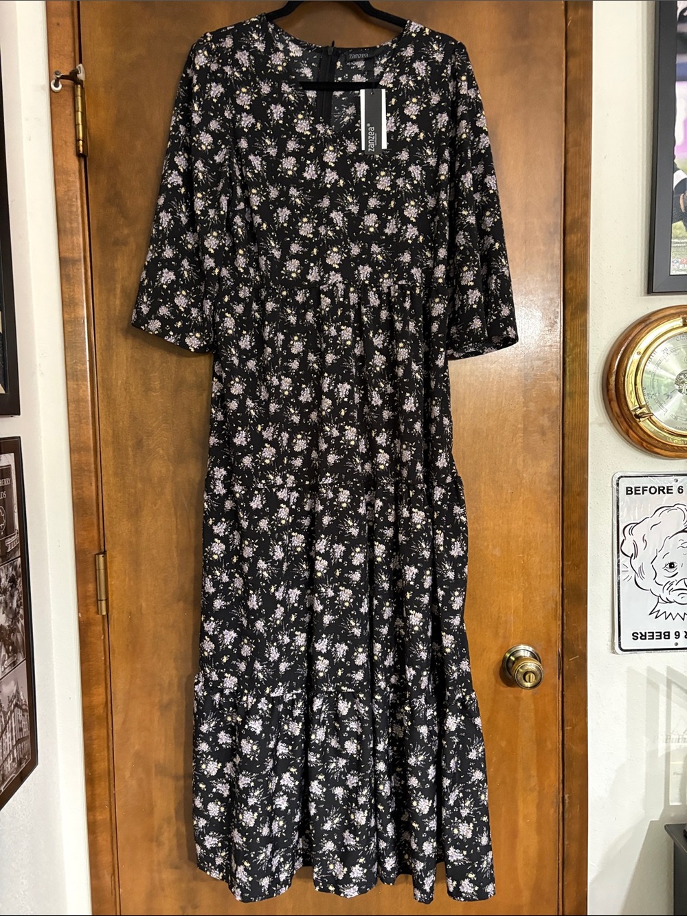 Women's Zanzea Zip Back Black Floral Tiered Maxi Dress XL NWT